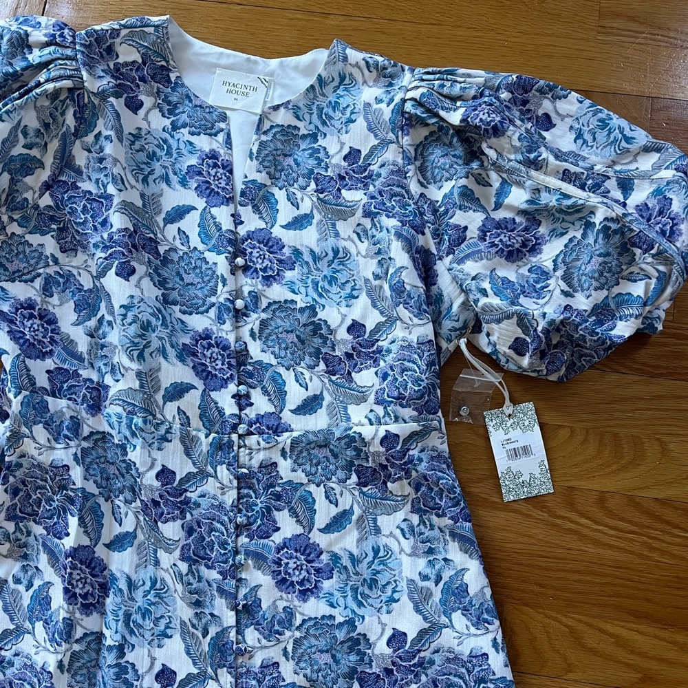 NWT Hyacinth House Blue Floral Puff-Sleeve Midi Dress - Picture 8 of 9